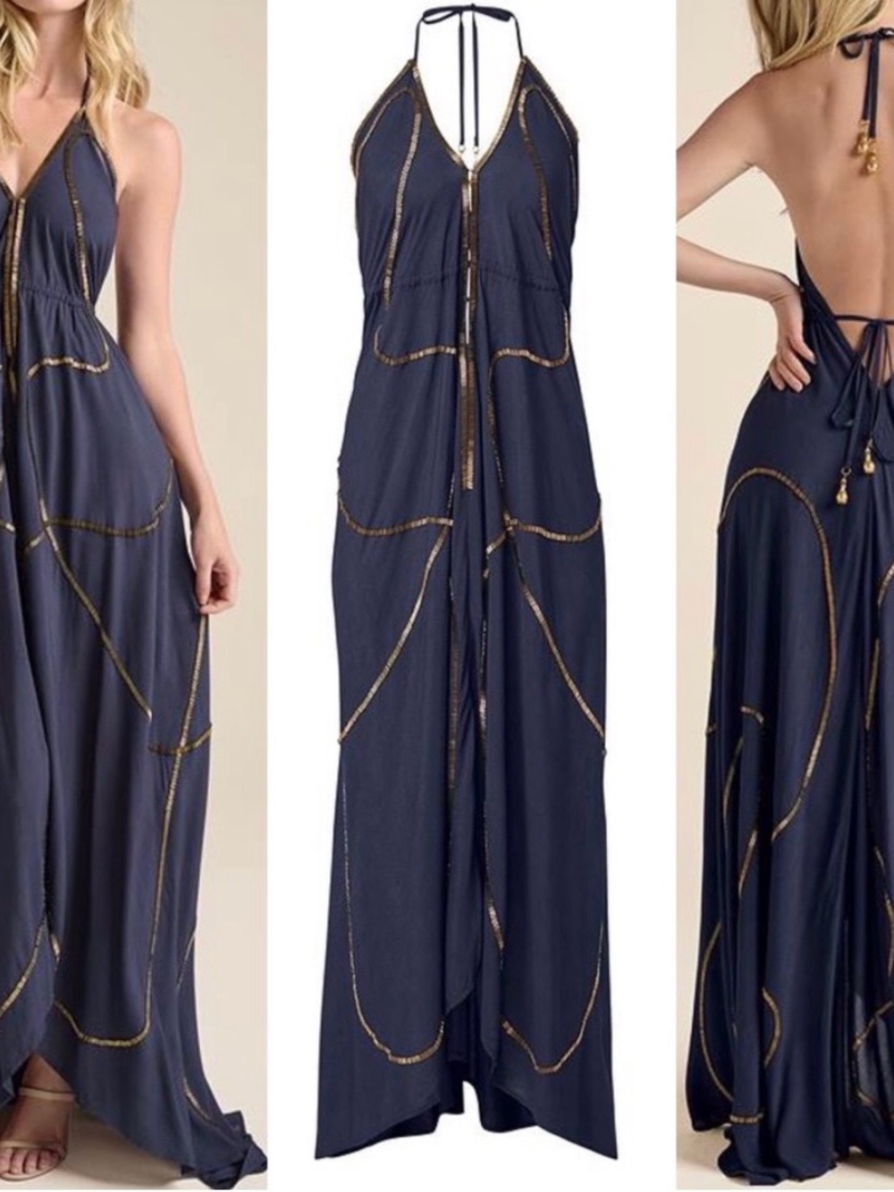 VENUS Navy High Low Maxi Dress with Gold Beaded Accents 1X XL
